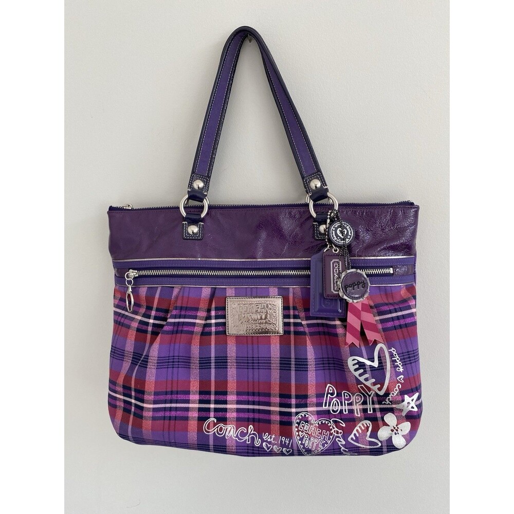 Large Rare Coach Poppy Y2K Purple Tartan Plaid Glam Tote Shoulder Bag - Picture 11 of 12